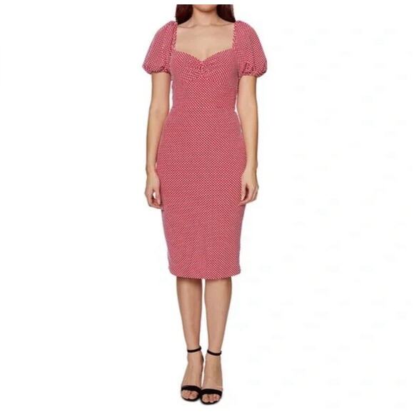 NWT Betsey Johnson Red Dot Puff Sleeve Midi Dress Womens Sz 8 Pin-up - Picture 1 of 9